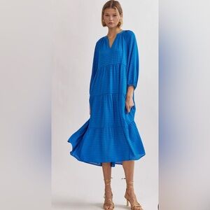 NWT Entro Textured V-neck Tiered Midi Dress Elastic Cuff Sleeve Cobalt Size L